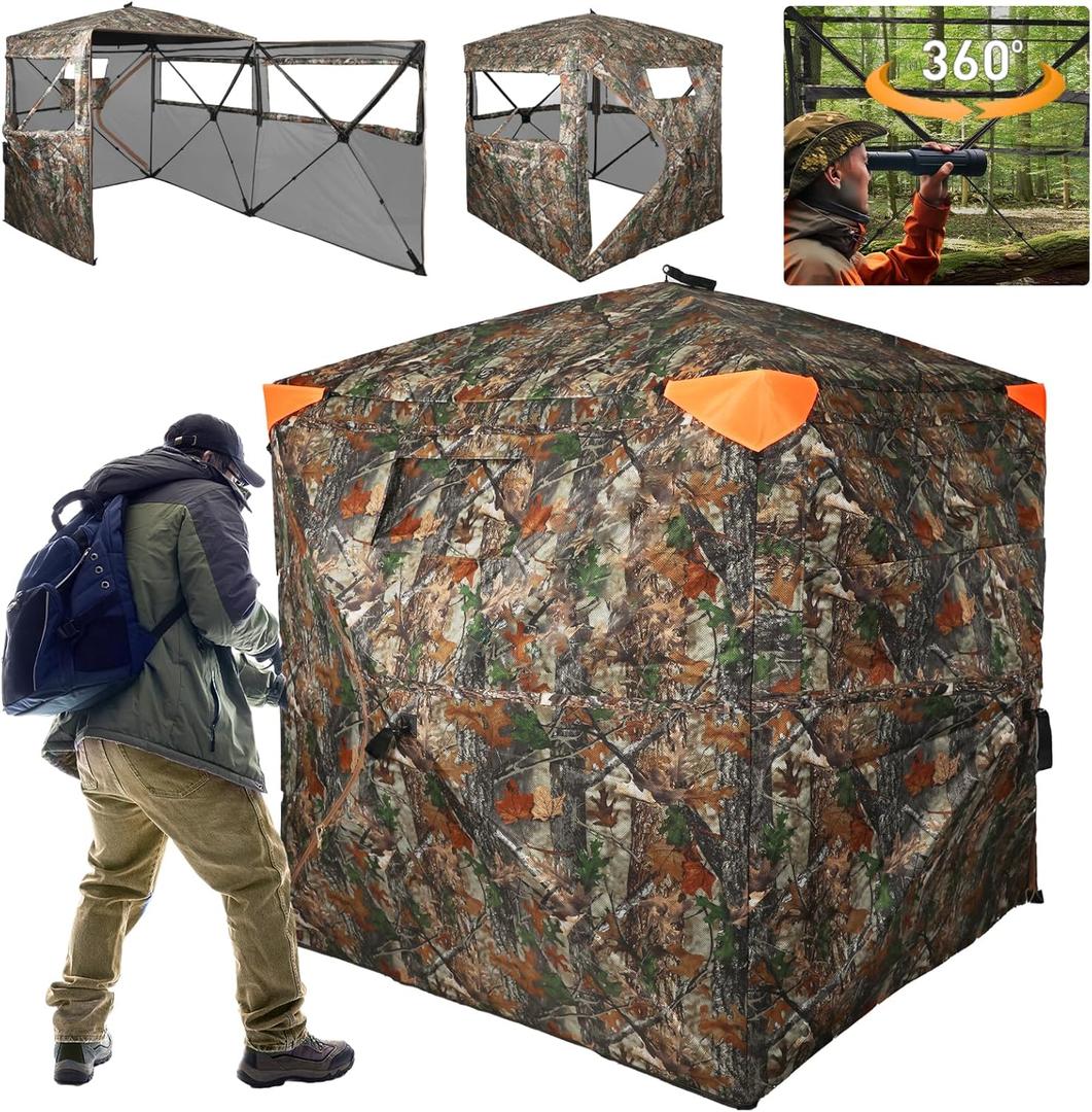 Hunting Blind 360 Degree See Through Double Door Ground Blind for Hunting, 2/3 Person Pop Up Portable Camouflage Deer/Turkey Tent with Blaze Orange Panels