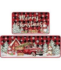 Christmas Rugs for Kitchen Floor, Red Buffalo Plaid Christmas Truck Mats for Kitchen Floor Rubber Non Slip, 2PCS Farmhouse XmasTree Kitchen Mat Cushioned for Room Doorway 15.7"27.5" +15.7"47"