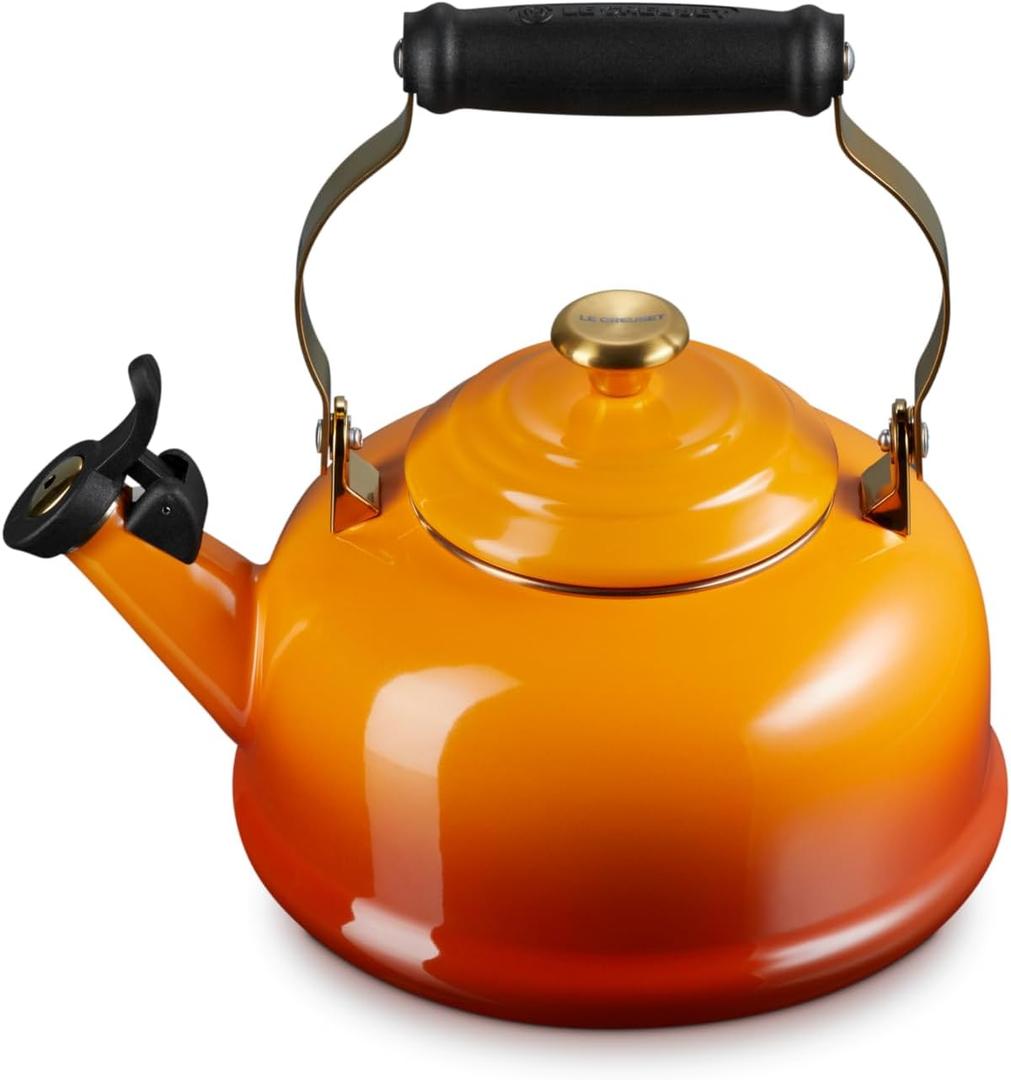Le Creuset Enamel on Steel Whistling Tea Kettle with Gold Finishes, 1.7 qt., Persimmon