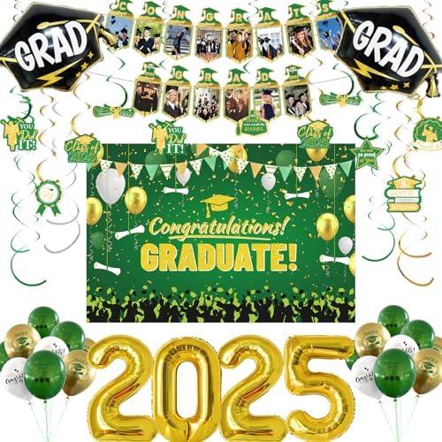 Graduation Decorations Class of 2025 - Green and Gold Grad Party Supplies with Dark Green and Gold White Balloons, Congratulations Graduate Photo Banner, Graduate Backdrop, Hanging Swirl Kit