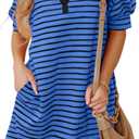 BLENCOT Women's Casual Polo V Neck T Shirt Striped Dress Summer Puff Short Sleeve MIdi Dresses