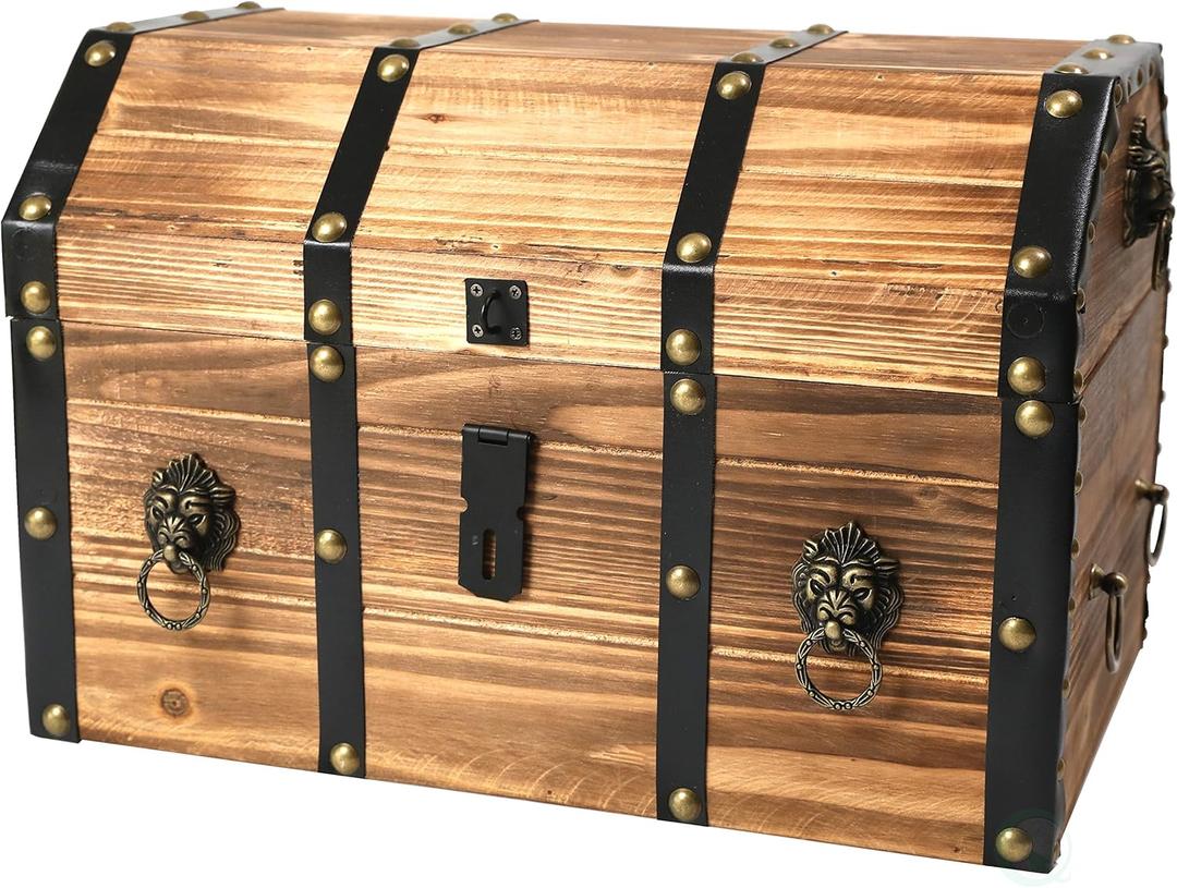 Vintiquewise Wooden Treasure Chest Trunk Vintage-Style Storage Box with Leather Straps Brass Rivets Lion Head Ornaments & Latch Closure Decorative Accent and Functional Organizer for Home Dcor, Small