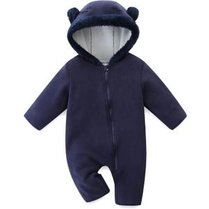 Baby Jumpsuit with Cute Bear Hoodie Warm Fleece Lined Newborn Snowsuit Rompers for Fall Winter 12-18 Month (Navy)