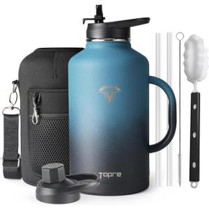64oz Water Bottle Insulated with Handle,Double-Wall Vacuum Stainless Steel (Cold for 48 Hrs), Half Gallon Water Jugs,Reusable Metal Water Flask with Carry Pouch,Straw & Spout Lid, Indigo Black