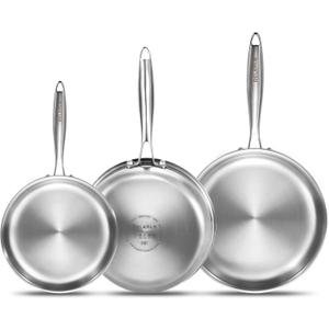 DELARLO Whole Body Tri-Ply Stainless Steel Frying Pan set, 8/10/12 Cooking pans, Kitchen Cookware Set, Fast Heating Chef's pan with Ergonomic Handles, Suitable for All Stove