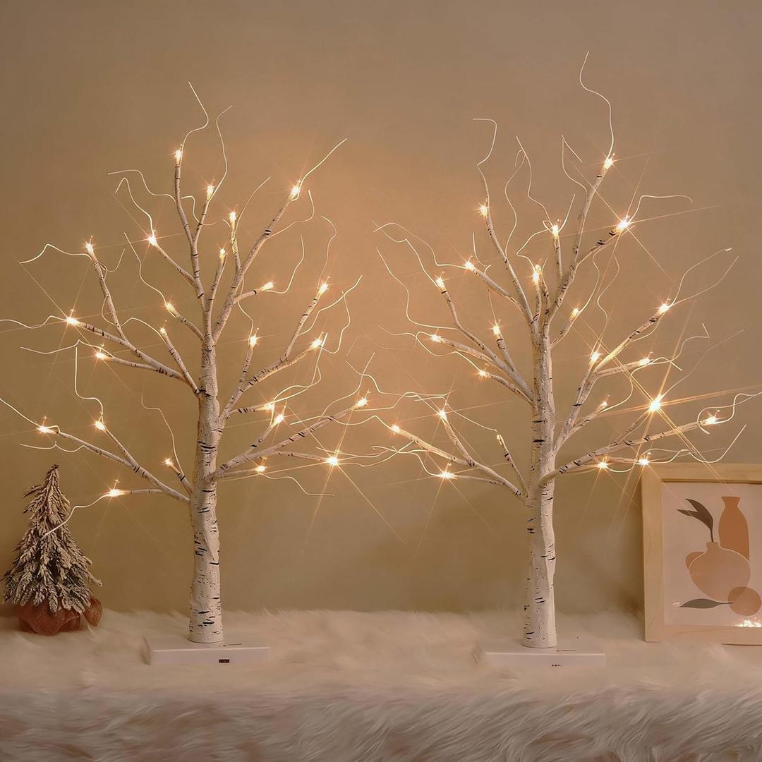 White Birch Tree with LED Lights, Lighted Birch Tree for Tabletop, USB/Battery Operated 24 LED Warm White Tree, 2FT Mini Christmas Tree Decor for Indoor Home Christmas Decorations (2 Pack, Timer)