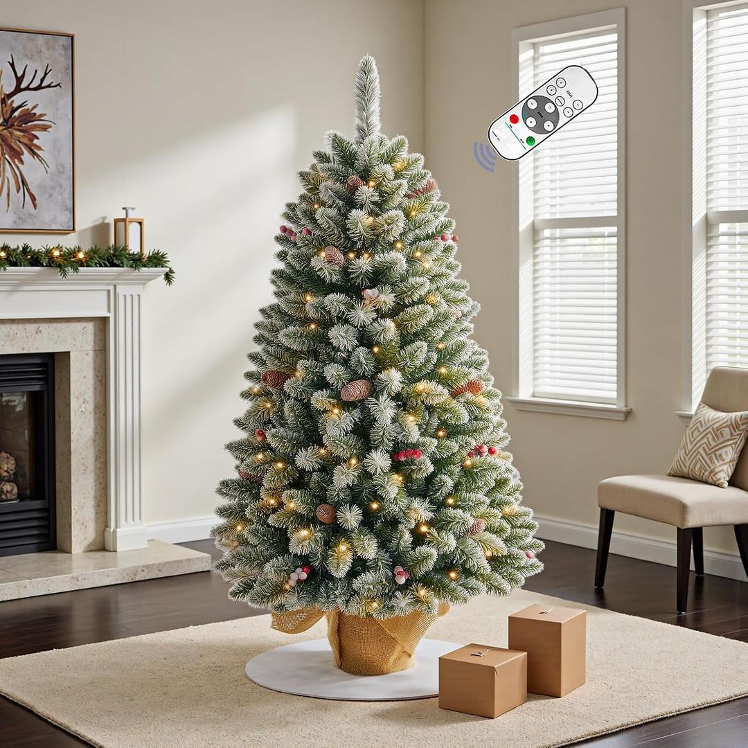 3FT Pre-lit Small Mini Snow Flocked Christmas Tree with Warm White Multi-Color LED Lights, Remote Control and Timer, Perfect for Tabletop Decorations, Home, Kitchen, Dining Table top