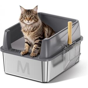 Stainless Steel Litter Box with Lid: Metal Cat Litter Box for Small Cats with Scoop, High Sided Kitty Litter Pan Tray, 17.4'' x 13.5'' x 8.5'', Non-Stick, Anti-Leakage, Easy Cleaning (Dark Gray) (Medium)