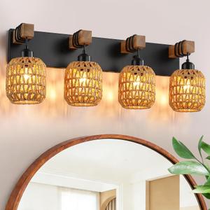 LmnLvn Farmhouse Bathroom Light Fixture, 4-Light Boho Vanity Light, Rattan Bathroom Light Fixture Over Mirror Rustic Vanity Lighting with Handwoven Shades, Suit for Restroom, Bedroom, Hallway
