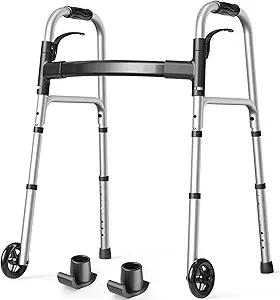 HolyHeal Folding Walkers for Seniors with 2 Skis and 5" Wheels, Lightweight Adult Rolling Walker, Supports Up to 350 Pounds, Adjustable Height, Aluminum Standard Walker, Silver