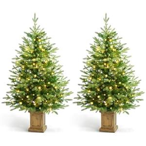 4FT Christmas Tree with 100 Lights, Potted Artificial Christmas Tree Outdoor Decor 8 Mode Timer Waterproof with Real-Like Tips & Round Branches for Front Door, Porch, Pack of 2 (Green) 