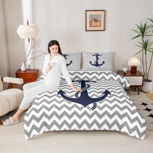 Nautical Anchor Comforter Set Queen Size,Geometric Gray Stripe Bedding Set 3pcs for Kids Teens Adults Room Decor,Ocean Adventure Themed Quilted Duvet Modern Abstract Duvet Insert,2 Pillowcases