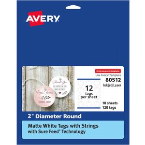 Avery Round Tags, Sure Feed Technology, 2" Diameter, Matte White, Strings Included, 120 Total, Print-to-The-Edge, Laser/Inkjet Printable (80512)
