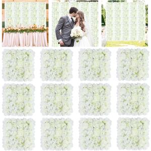 Flower Wall Backdrop 12Pcs 15x15 Inches 3D White Artificial Flower Backdrop Panels Silk Rose Flowers Wall Backdrops Floral Panels for Backdrops Wedding Party Photoshoot Background Decoration