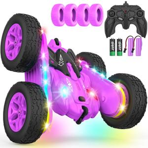 Remote Control Car, Rc Cars Stunt RC Car Toys New Upgraded Strip Lights and Headlights Girl Toys Double-Sided 360 Rotating 4WD Drift Truck for Boys Girls Birthday Gift (Purple)
