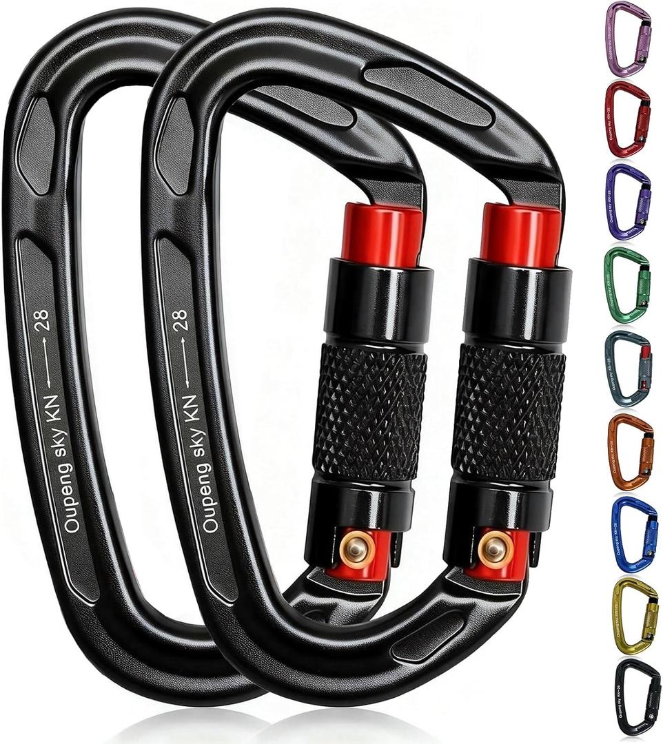 Oupeng sky Auto Locking Carabiner Clips - 28KN (6172lbs) Heavy Duty Caribeaners, Large Carabiner Clip for KeychainsHammockCamping, Gym, Hiking, Outdoor Dog Leash (2 Black+Red)