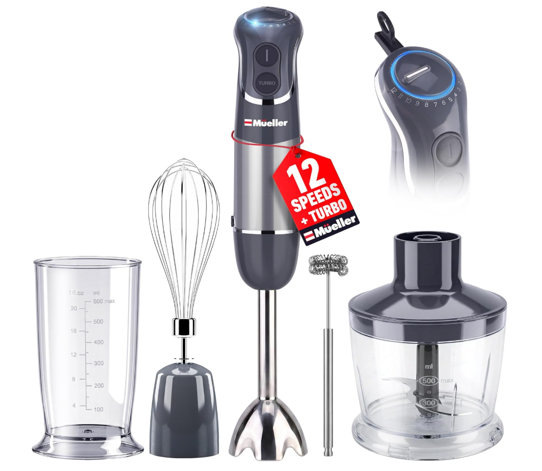 Mueller Multistick 5-in-1 Immersion Blender Handheld,12 Speed Hand Mixer-Turbo Boost,Heaviest Duty Copper Motor,Titanium reinforced Blades Hand Blender,Milk Frother Wand,Whisk,Beaker,Chopper,Grey