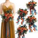 Ling's moment Artificial Flowers Teal and Orange Bridesmaid Bouquet Set of 4, Wedding Flowers Bouquets for Bridesmaids, 7 Inch Bridal Bouquets for Bridesmaids, Wedding Decor, Ceremony, etc