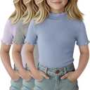 LessonZoo 3 Pack Girls Shirts Short Sleeve Mock Turtleneck Cotton Cute Lettuce Trim Summer Tops 5-14Y Kids Clothes(Light Purple, Gray, Light Blue,11-12 Years)