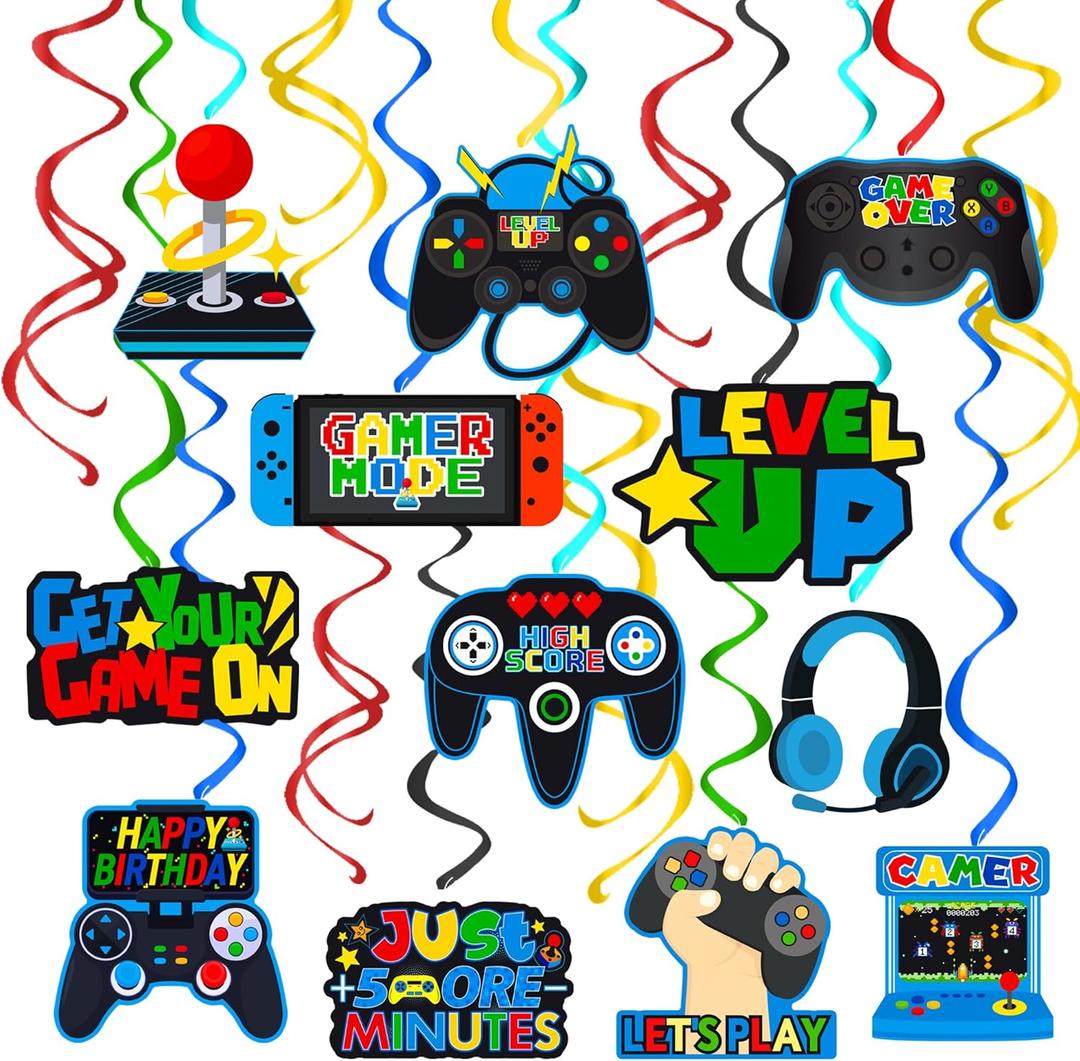 20pcs Video Game Hanging Swirls Video Game Party Decorations Game On Theme Birthday Foil Ceiling Streamers for Kids Boys Gamer Theme Birthday Party Baby Shower Supplies Decorations