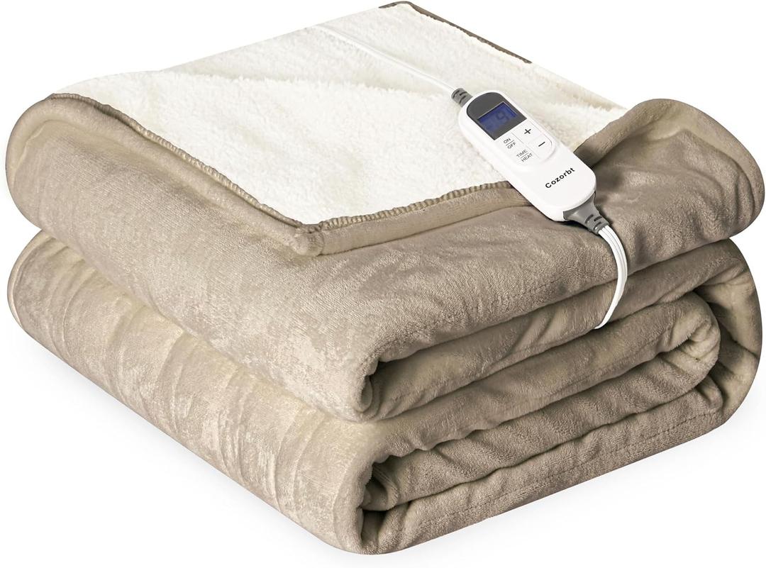 Heat Blanket 50x60 Throw,Soft Flannel & Sherpa Reversible Electric Blanket with 10 Heat Settings,12 Timer Setting and 3 Hours Auto-Shut Off,ETL Certified Machine Washable,Light Brown
