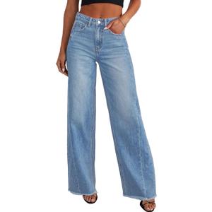 PRETTYGARDEN Wide Leg Jeans for Women Trendy High Waisted Stretchy Baggy Raw Hem Denim Palazzo Pants 2026 Spring Fall Clothes (Blue, 14)