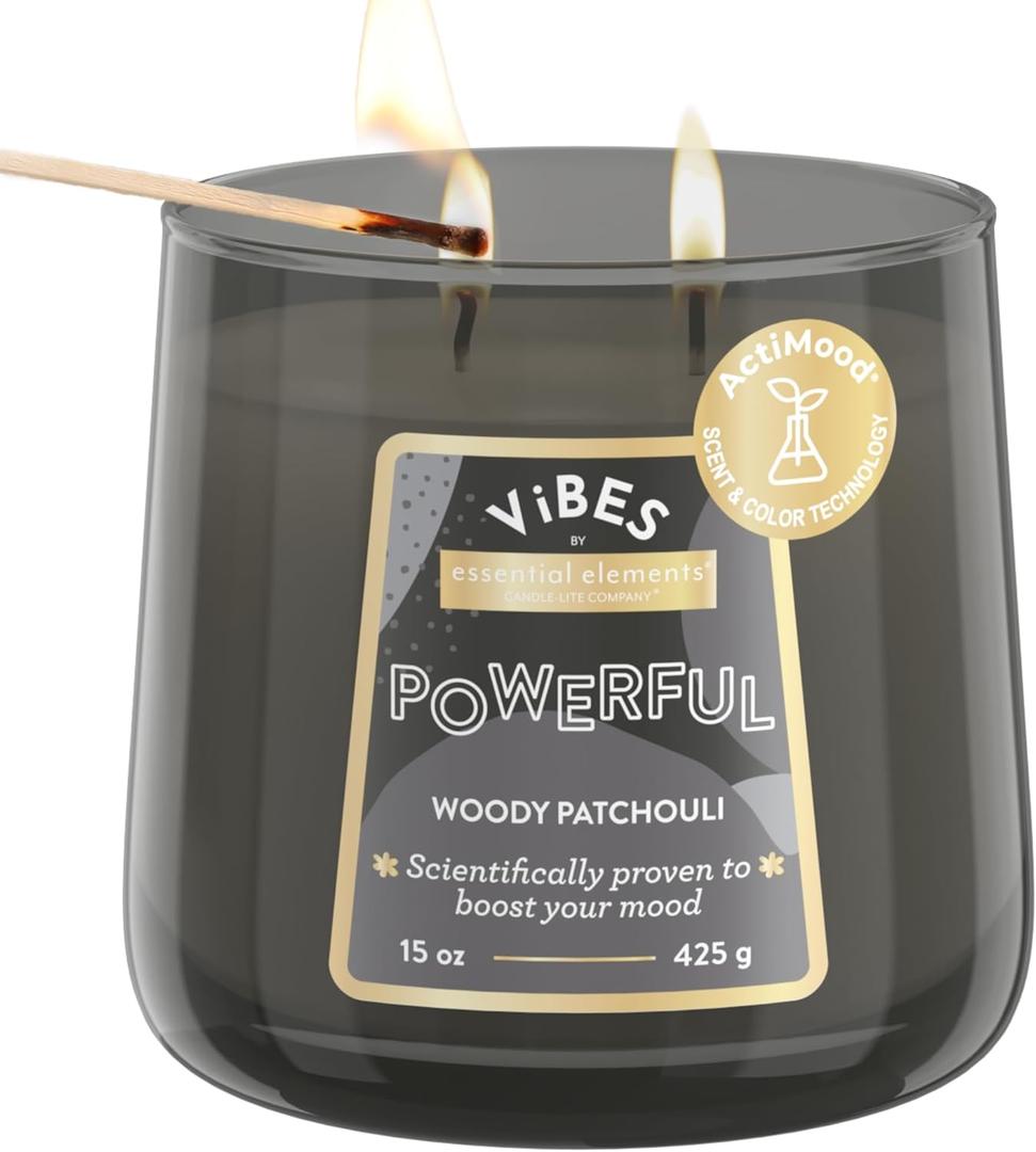 Candle-Lite Vibes Woody Patchouli Mood-Enhancing Scented Candles, 15 oz Jar, Aromatherapy, Proudly Poured in The USA, 2-Wick, 86 Hours Burn Time, Perfect Relaxation Gift (Powerful (NEW))
