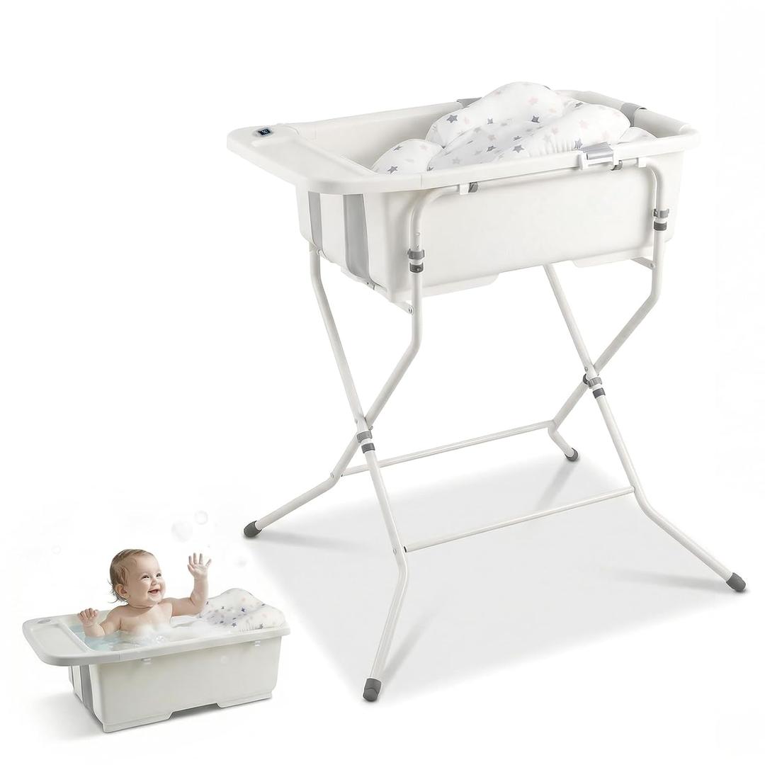 Baby Bathtub with Stand,Collapsible Infant Bath Tub | Large Capacity Newborn Toddler Shower with Thermometer & Soft Cushion for Baby 0 to 36 Months