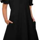 Aloodor Women's Casual Dresses Short Sleeve V-Neck Dress with Pockets (Black, XL)
