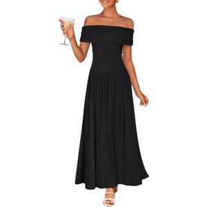 ZESICA Women's Off The Shoulder Maxi Dress 2026 Summer Sleeveless Casual Slim Swing Pleated Formal Party Dresses Black, Large