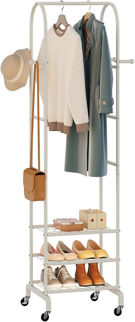 Garment Rack with Wheels,Small Metal Coat Rack With 4 Hooks,Freestanding Heavy Duty Clothing Rack with Shoe Shelves,Hanging Rod for Small Space,Bedroom,Entryway, Office, Living Room (White)