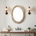 Rustic Oval Mirror 30 x 23 inch, Wall Hanging Handmade Distressed White Wood Frame with Flower and Beaded Detailing Farmhouse Oval Mirrors for Bathroom Entryway, Horizontal or Vertical