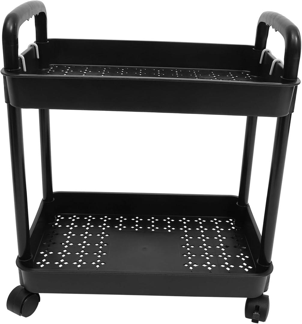 2-Tier Rolling Cart on Wheels Mobile Storage Trolley Universal Wheels Black Utility Cart Organizer for Kitchen Bathroom and Office