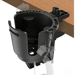 Desk Cup Holder with Headphone Hanger, Clip on Cup Holders for Desks with Spill-Proof Cup Design, Easy to Install, Enough to Hold 8-28OZ Coffee Cups, Water Bottles. (Black, Large)
