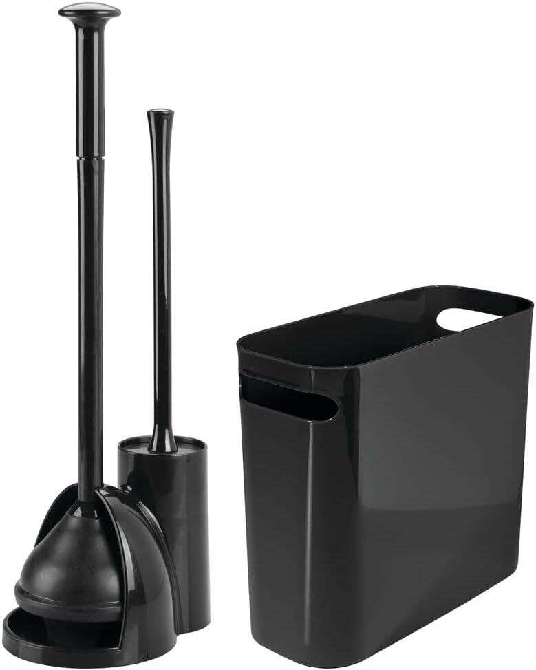 mDesign Compact Freestanding 2-in-1 Plastic Toilet Bowl Brush/Plunger/Trash Wastebasket Garbage Can Combo, Home Bathroom Storage, Sturdy Cleaning Accessories, Aura Collection, Set of 2, Black