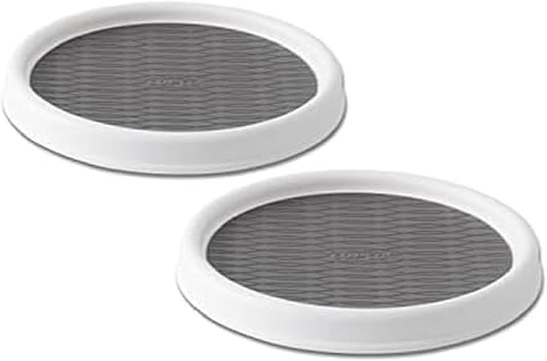 Copco 9 Inch Non Skid Pantry Cabinet Lazy Susan Turntable, Set of 2, Spinning Organizer for Kitchen, Countertop, or Bathroom, White and Gray