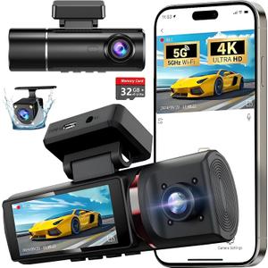 4K+1080P Ultra HD Car Dash Cam with 32GB SD Card - 3-Channel Front/Rear/Interior Camera, 4K Dash Cam with Motion Detection, 24H Parking Mode, WDR, G Sensor - Includes Mounting Hardware & Accessories