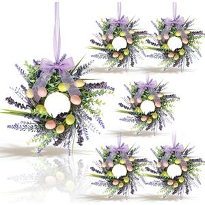 6 Pcs Easter Small Hanging Wreaths for Cabinets Artificial Small Candle Rings Wreaths with Purple Lavender and Easter Eggs Spring Pillar Candle Holder Wreath Home Kitchen Front Door Window Porch Wall