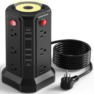 Surge Protector Power Strip with 10FT Cord 1625W|13A, Power Tower with 5 USB Ports and Night Light, PASSUS Outlet Tower with 12 AC Outlets Overload Protection for Home Office DormRoom (Black-13A)