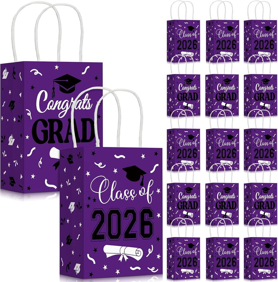Cholemy 50 Pcs Graduation Gift Bags Bulk Class of 2026 Kraft Paper Bags with Handles Congrats Grad Party Favors for College High School University Decoration, 5.91 x 3.15 x 8.27 Inches(Purple)