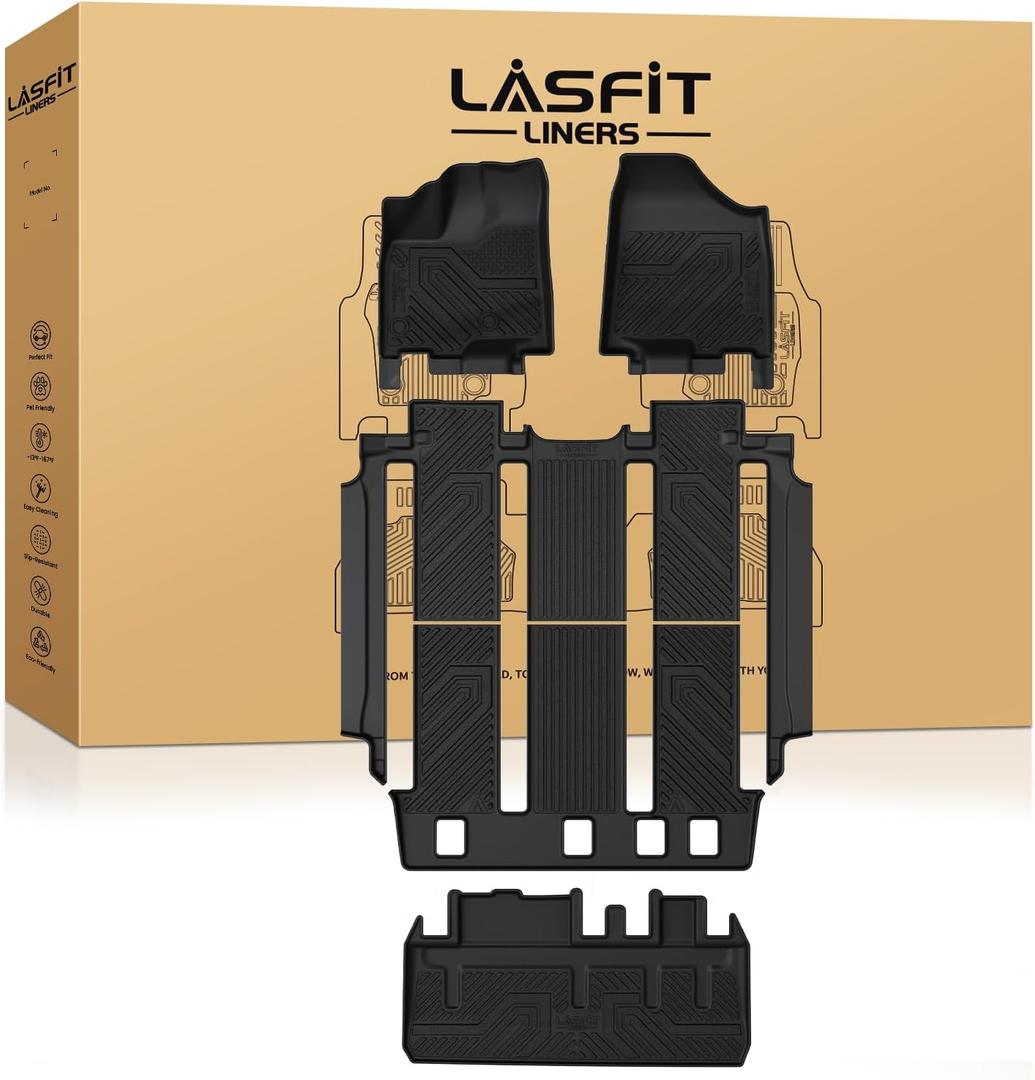 LASFIT Floor Mats & Cargo Liner for Toyota Sienna 7 Seat 2013-2020 (Not Fit Sliding Center Console) All Weather TPE Custom Fit Floor Liners & Trunk Mat for Sienna 7 Seat Full Set Mats Accessories