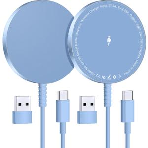 Magnetic Wireless Charger for iPhone: Compatible with Magsafe Charger iPhone 17 16 15 14 13 12 Series & Airpods 4 3 2 Pro-Fast 15W Max Charging Pad Strong Magnet, Dual USB-C/A Ports-Home Office Travel (Blue)