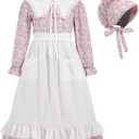 Prairie Dress Girls Pioneer Colonial Costume Floral 1800s Pilgrim Costume with Apron and Bonnet (9-10Y, Pink)