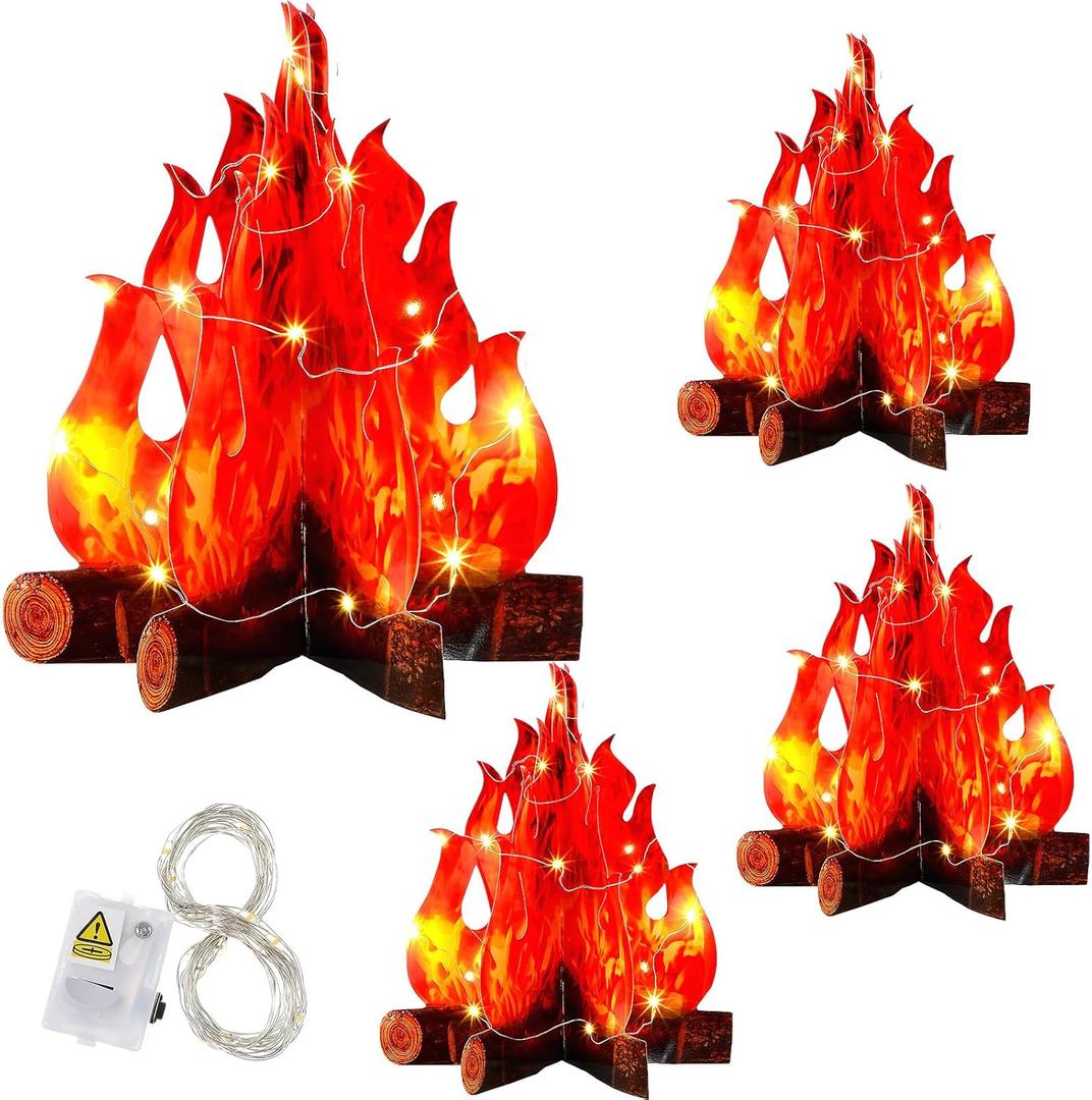 Tioncy 4 Set Fake Fire Campfire Centerpiece 3D Artificial Fake Flames with LED String Lights Fire Cardboard for Summer Camping Party Decorations (11.8 Inch)
