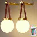 Battery Operated Wall Sconces Set of 2, Gold Wall Lamps for Bedroom with Remote Control Warm/Natural/Daylight/RGB 15 Colors Dimmable Rechargeable Wireless Globe Wall Lights Retro Living Room Hallway