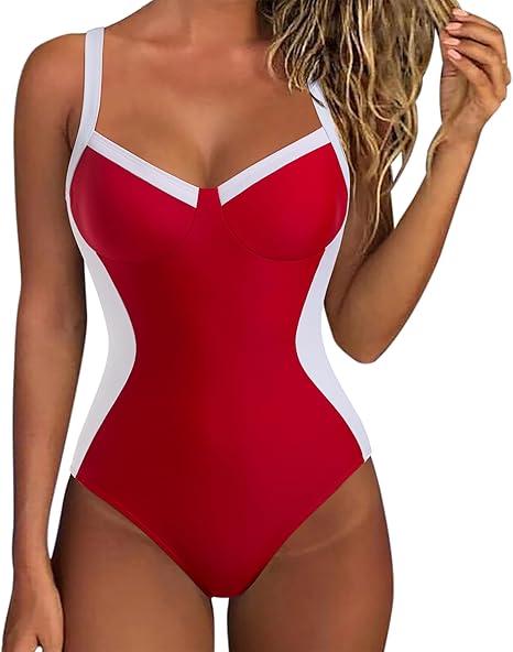 SUUKSESS Womens Tummy Control One Piece Swimsuit Sexy Crisscross Back Bathing Suit, M, Red