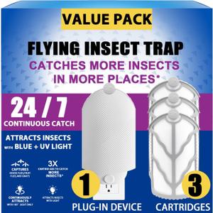 Flying Insect Trap (1 Stater & 3 Refill Cartridges), UV Light Indoor Bug Catcher for Gnats, Fruit Flies, Mosquitoes, and Moths, Plug-in Fly Trap for Home, Kitchen, Living Room