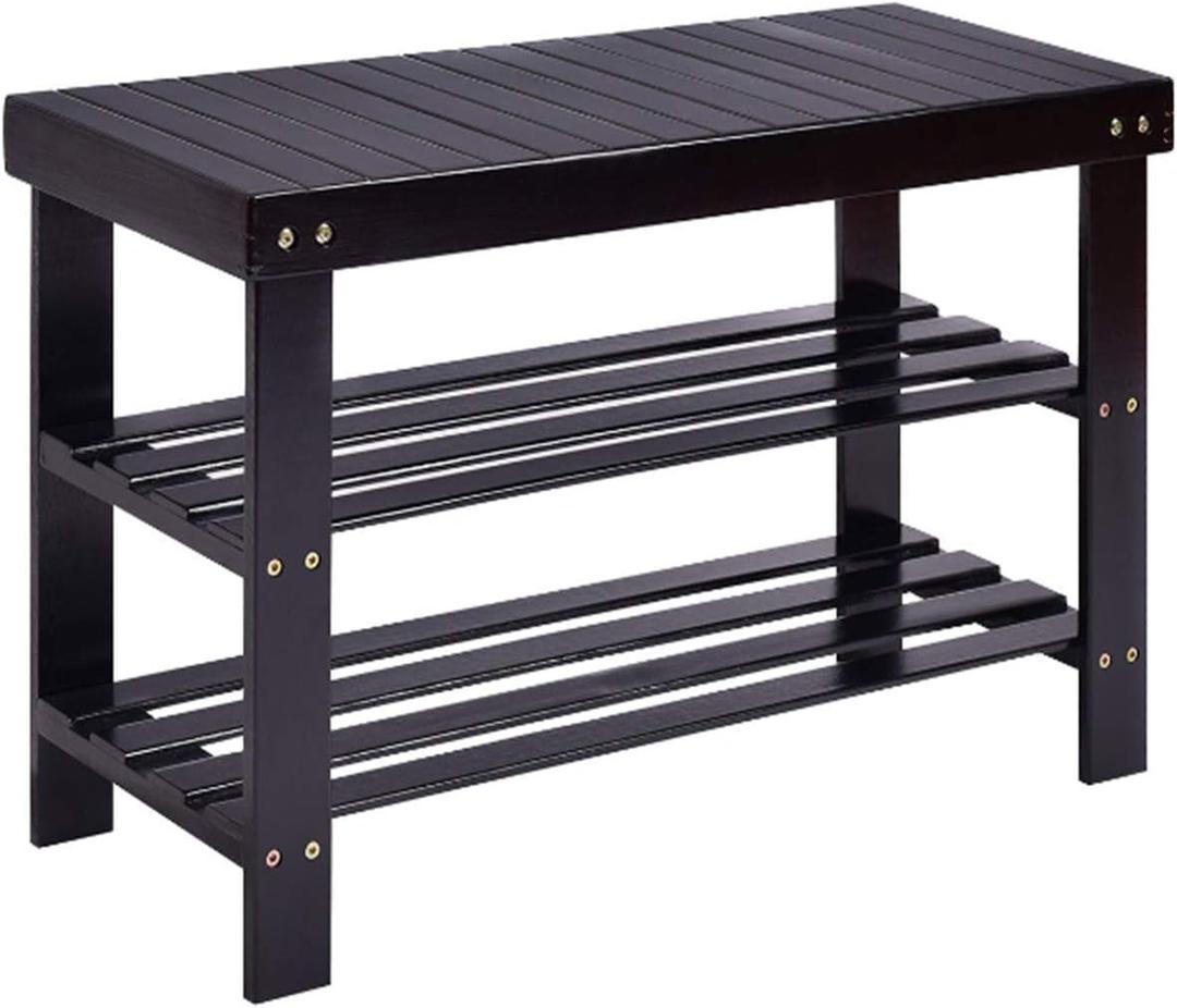 3 Tier Bamboo Shoe Rack Bench, 90cm Strip Pattern Stool, 35.43" x 11.02" x 17.72", Black