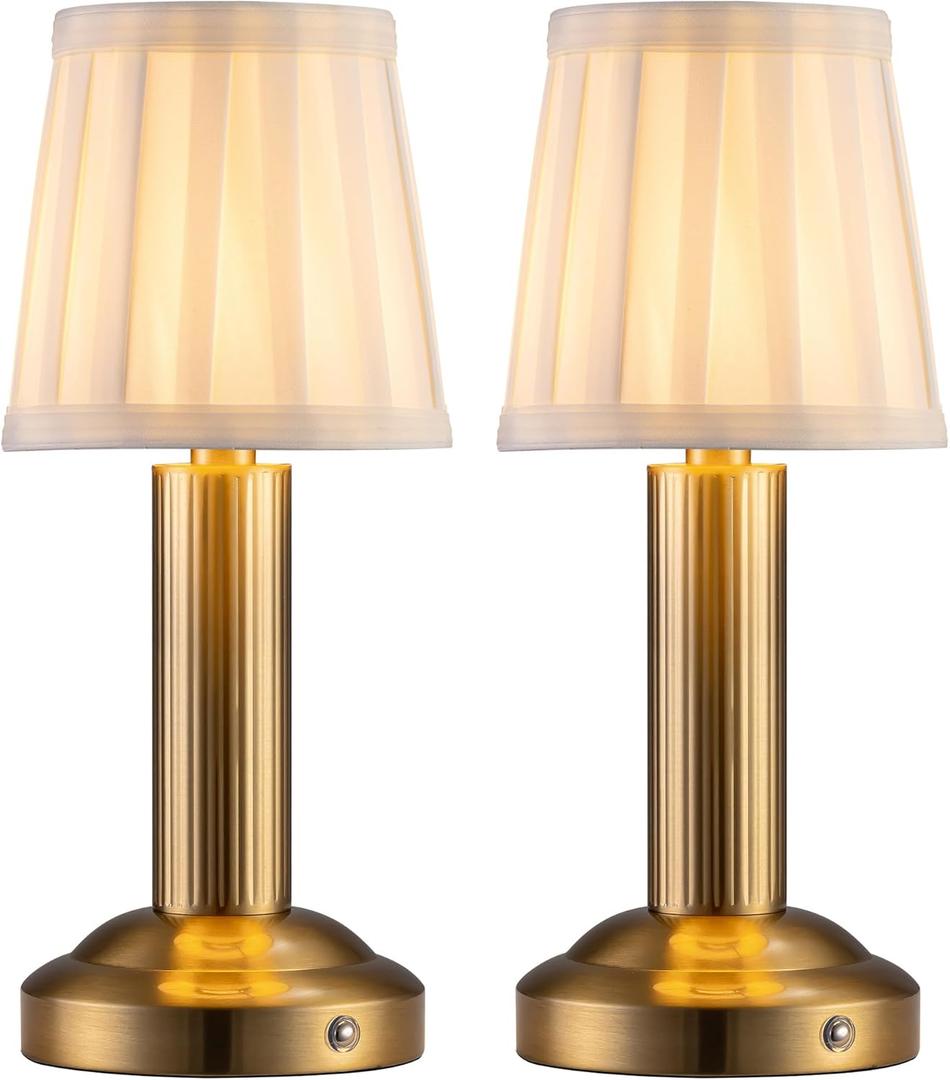 Mini Cordless Table Lamp 2 Pack - 11.4" Stepless Dimmable Touch Lamp with Fabric Shade, Small LED Lamps, 4000mAh Rechargeable Battery Operated Lamps for Dinning Room, Bedroom, Bar (Gold)