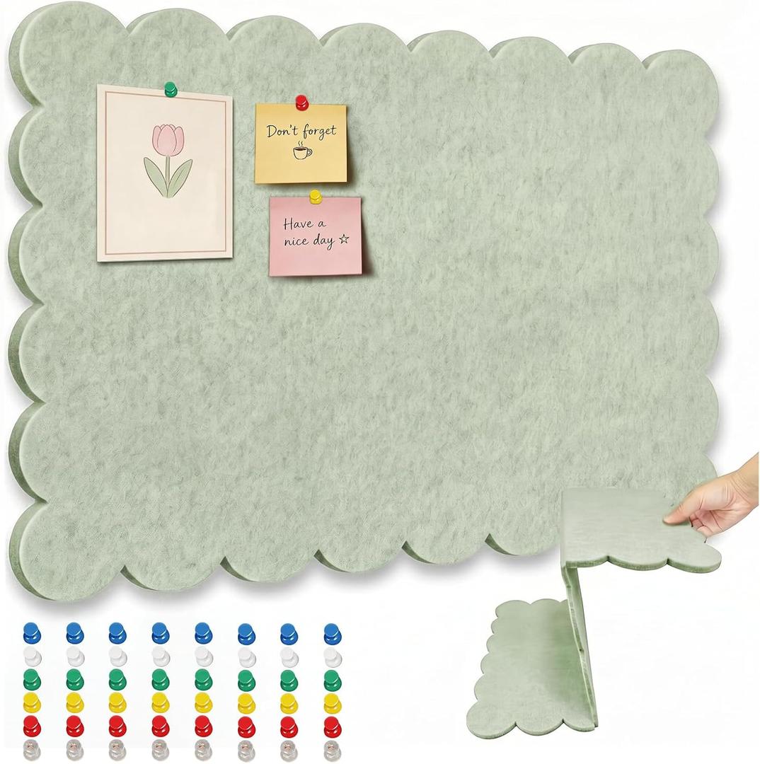 36 x 24 Inch Scalloped Felt Bulletin Board, Foldable Trifold Pin Board, Self-Adhesive Cork Board Alternative for Wall, Decorative Vision Board & Photo Display (Green)